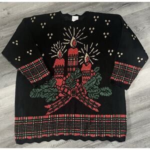 Vtg Holiday Time Black Christmas Glitter Candle Sweater Pullover Plus Size 22W